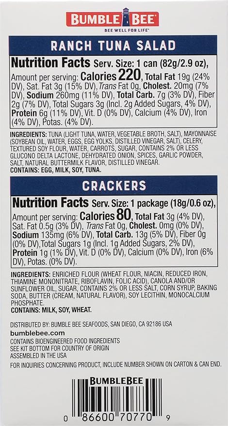 Bumble Bee Snack On The Run! Protein Snack Pack - 7g Protein per Box - Ranch Tuna Salad with Crackers Kit - Ready to Eat Easy-Open Can - Wild Caught MSC-Certified Tuna (Pack of 12)