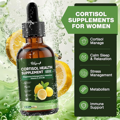 Cortisol Supplements for Women & Men, 15-in-1 Cortisol Detox & Reducer - Adrenal Balance, Relaxation, Sleep & Focus, with Magnesium, Ashwagandha, L-Theanine, Vitamin C, D3 & B6, 2 Fl Oz