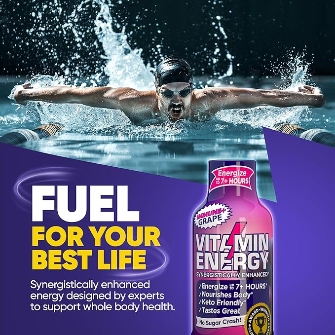 Vitamin Energy Immune+ Extra Strength Energy Shot Grape 48 Pack, 260mg Natural Caffeine, B-Vitamins, Citicoline, Green Tea, Immunity & Focus Support, Zero Sugar, Gluten-Free 1.93 fl oz