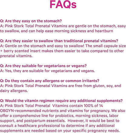 Pink Stork Total Prenatal Vitamins with DHA, Folate, and Iron, 3 Month Supply to Help Support Fetal Development, Pregnancy Must Haves - 180 Capsules