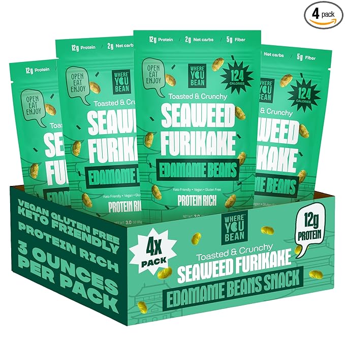 Where You Bean Edamame Beans Snack (Seaweed Furikake) - Crunchy and Dry Roasted Edamame Beans - High Protein Snacks, Keto and Vegan Healthy Snacks for Adults & Low Carb Asian Snack 3 oz (Pack of 4)