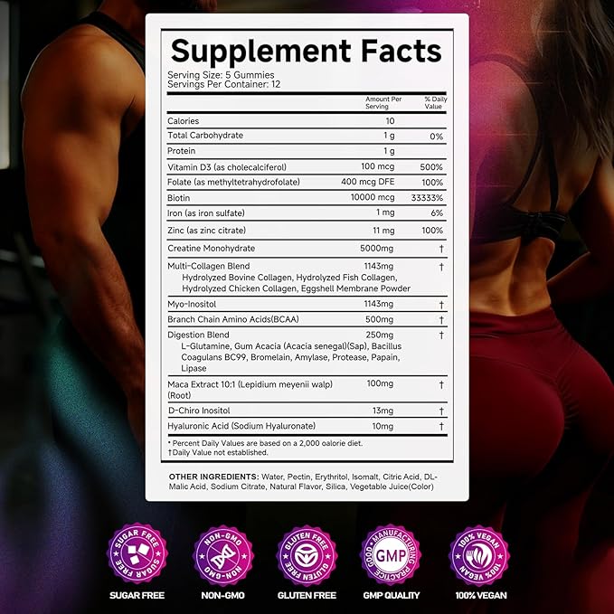 Creatine Monohydrate Gummies – with Collagen, BCAAs, L-Glutamine, Biotin, Zinc, Vitamin D3 & Hyaluronic Acid – Daily Pre & Post Workout Recovery, Sugar-Free（150 Gummies）