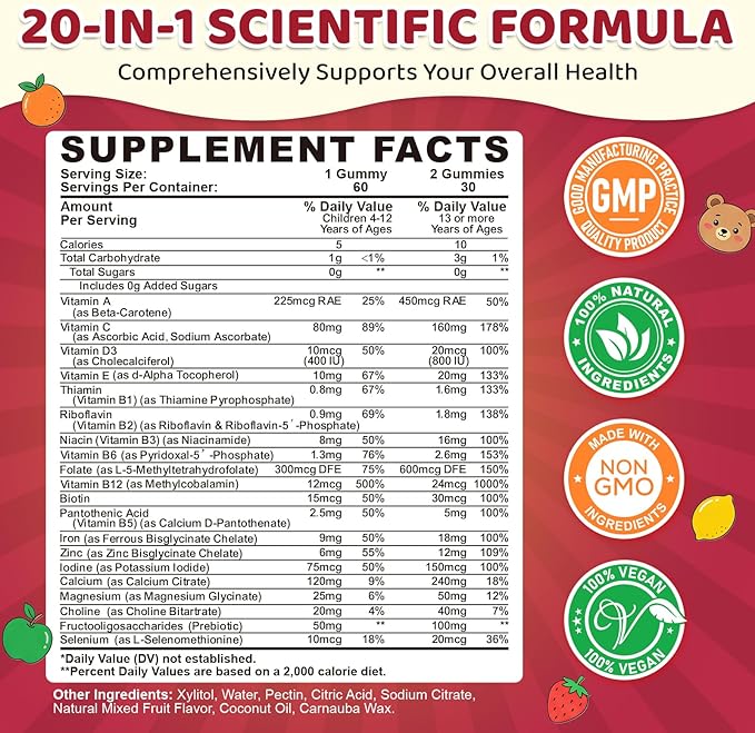 Iron Supplement Gummies for Kids, Kids Multivitamin with Iron - Vitamin B Complex, C, D3, Calcium, Folate, Zinc, FOS for Blood Builder & Energy Support, Iron Deficiency, Vegan,Mixed Fruit Flavor,60 ct