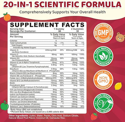 Iron Supplement Gummies for Kids, Kids Multivitamin with Iron - Vitamin B Complex, C, D3, Calcium, Folate, Zinc, FOS for Blood Builder & Energy Support, Iron Deficiency, Vegan,Mixed Fruit Flavor,60 ct