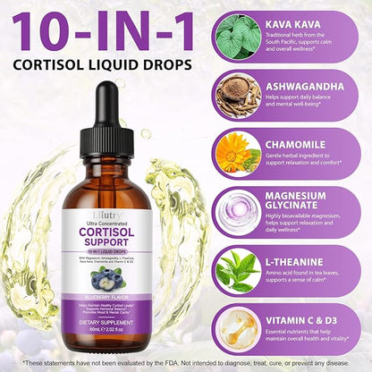 Cortisol Supplement Liquid Drops, Cortisol Supplements for Women & Men, 10 in 1 Cortisol Detox Manager Reducer with Magnesium, Ashwagandha, L-theanine, Hormone Balanced, Sleep Support - 2.02 fl.oz