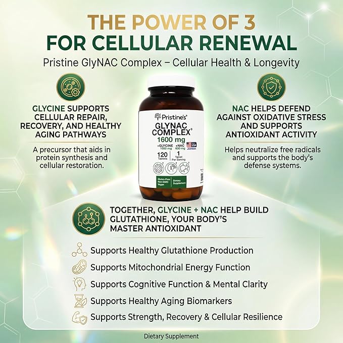PRISTINE'S Supplement GlyNAC Complex Large Size Tablet 1600MG Glutathione Production - 3rd Party Tested Anti Aging, Sleep & Cognitive Support - Glycine & NAC Gluten Free Non GMO USA Made Glass Bottle