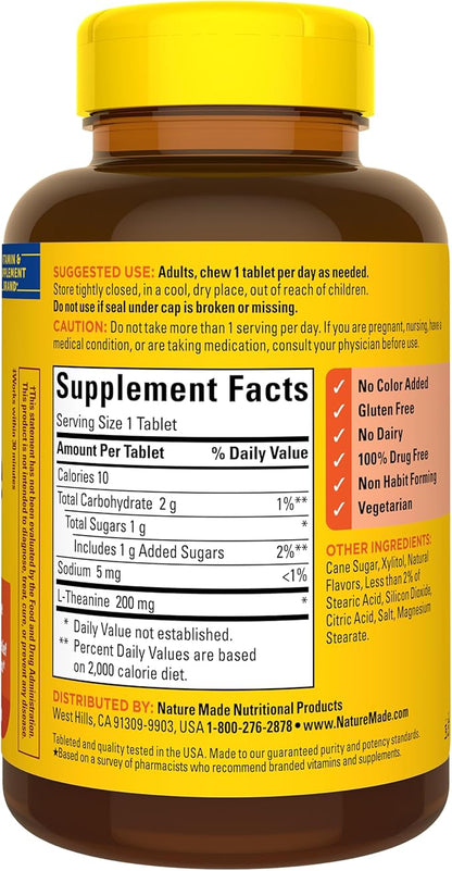 Nature Made Chewable L Theanine 200mg, L-Theanine Supplement for Stress Relief, 50 Chewable Tablets, 50 Day Supply