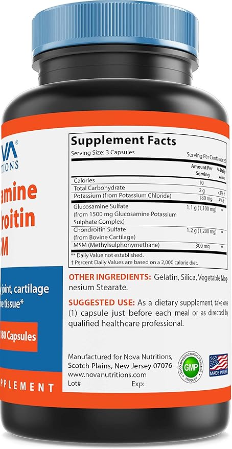 Nova Nutritions Triple Strength Glucosamine Chondroitin MSM 2600mg/Serving Capsules, Supports Healthy Joint, Cartilage and Connective Tissue - Promotes Joint Comfort & Flexibility 180 Count