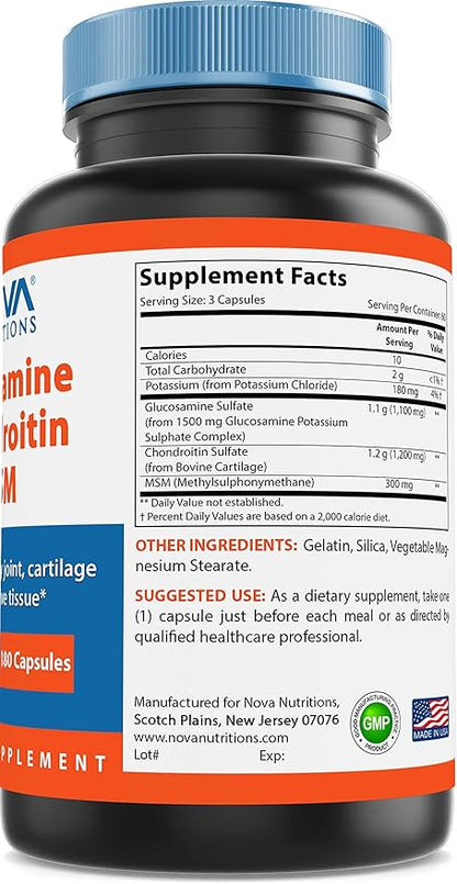 Nova Nutritions Triple Strength Glucosamine Chondroitin MSM 2600mg/Serving Capsules, Supports Healthy Joint, Cartilage and Connective Tissue - Promotes Joint Comfort & Flexibility 180 Count
