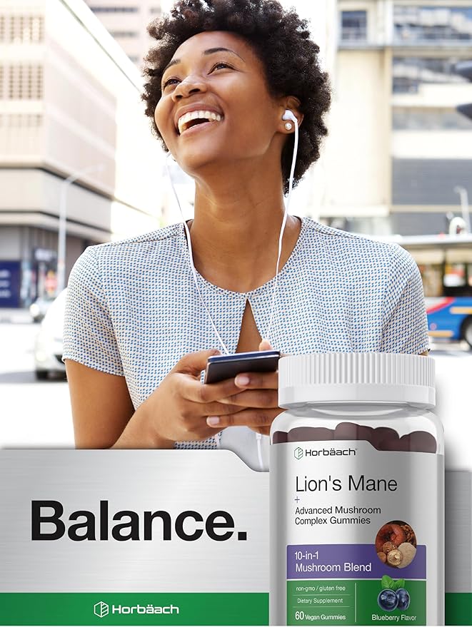 Horbaach Lions Mane Supplement | 60 Gummies | 10-in-1 Mushroom Complex | with Turkey Tail, Reishi, Cordyceps, Chaga, Maitake, and Shiitake | Blueberry Flavor | Non-GMO & Gluten Free