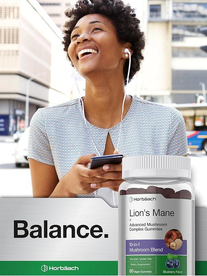 Horbaach Lions Mane Supplement | 60 Gummies | 10-in-1 Mushroom Complex | with Turkey Tail, Reishi, Cordyceps, Chaga, Maitake, and Shiitake | Blueberry Flavor | Non-GMO & Gluten Free