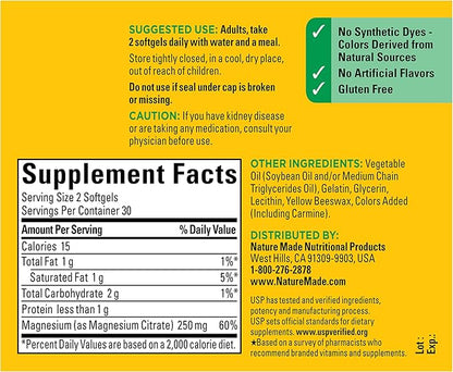 Nature Made Magnesium Citrate 250 mg per serving, Magnesium Supplements for Men and Women, Supports Muscle, Nerve, Bone and Heart, 60 Softgels, 30 Day Supply