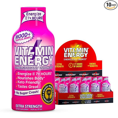 Vitamin Energy Mood+ Extra Strength Energy Shot Tropical Berry 10 Pack, 260mg Natural Caffeine, B-Vitamins, Rhodiola, Chamomile, Mood & Energy Support, Zero Sugar, Gluten-Free, Vegan, 1.93 fl oz