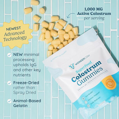 WONDERCOW Colostrum Gummies for Gut Health, Immune Support & Wellness | Natural IgG Whole Bovine Colostrum Supplement, 1,000mg per Serving (45 Gummies (15 Servings), Vanilla Cream)