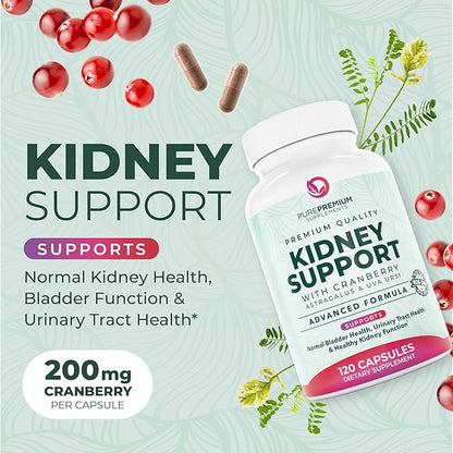 PurePremium Kidney Support Supplement – Kidney Cleanse Detox & Repair with Cranberry Extract & Astragalus - 21-in-1 Complex Supports Normal Bladder, Urinary Tract & Kidneys Health - 120 Day Supply