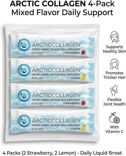 8000mg Liquid Marine Peptides | Hydrolyzed Arctic Collagen for Skin, Hair & Joints | 4-Pack Variety: Strawberry & Lemon (Sugar-Free)