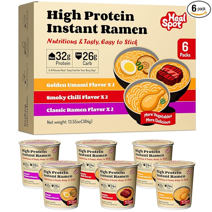 Healspot High Protein Instant Ramen Variety Pack (6 Cups) - 32g Plant-Based Protein, Non-Fried, Low Carb, Low Fat, Non-GMO, Keto & Vegan Friendly (Golden-Chicken,Smoky-Beef,Classic-Pork)