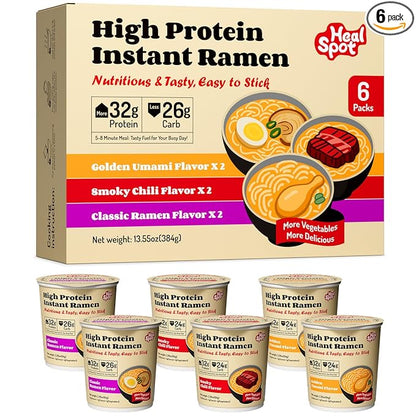 Healspot High Protein Instant Ramen Variety Pack (6 Cups) - 32g Plant-Based Protein, Non-Fried, Low Carb, Low Fat, Non-GMO, Keto & Vegan Friendly (Golden-Chicken,Smoky-Beef,Classic-Pork)