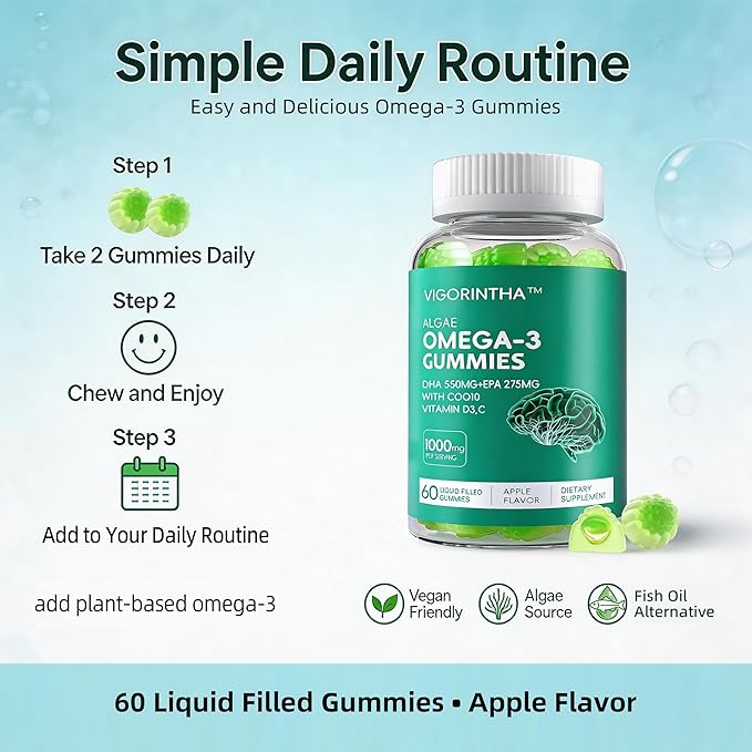 Vegan Omega 3 Gummies 1000mg with Coq 10, Vitamin D3,E,C,Omega 3 Fish Oil Alternative for Adults, Plant Based DHA 550mg & EPA 275mg for Brain, Mobility, Eye, Sugar Free, 60 Count