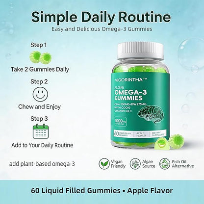 Vegan Omega-3 Algae Oil Supplement with DHA 300mg & EPA 150mg, Plant-Based Omega-3 with Vitamin D3 & K2, Fish-Free Algal Oil Softgels for Men & Women, 2 Pack, 120 Softgels, 60 Day Supply