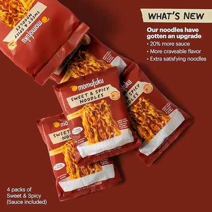 Momofuku Sweet and Spicy Noodles Ramen Noodles by David Chang, 4 Pack of Restaurant Quality Air-Dried Instant Noodles Now with More Sauce & 10g of Protein