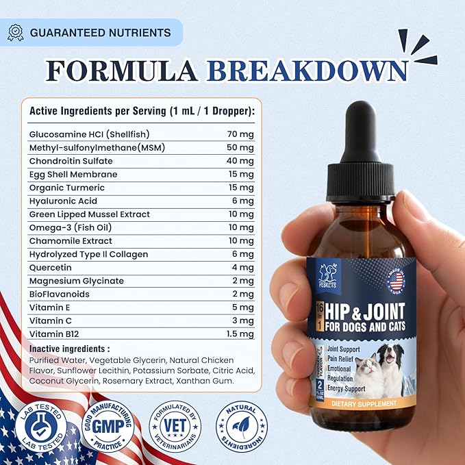 16-In-1 Glucosamine for Dogs & Cats, Liquid Hip & Joint Supplement, Collagen Drops with Chondroitin+MSM+Hyaluronic Acid Supplement Mobility Senior Dogs Pain Relief Helps All Breeds Made in USA 120ml