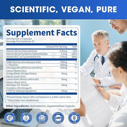 GABA Supplements 750mg with L Theanine, 5HTP, Ashwagandha, Lemon Balm, Ginkgo Biloba, Omega-3, 10 in 1 GABA Calm Capsules for Sleep, Relaxation, Focus, Mood Support, Cortisol Balance - 90CT
