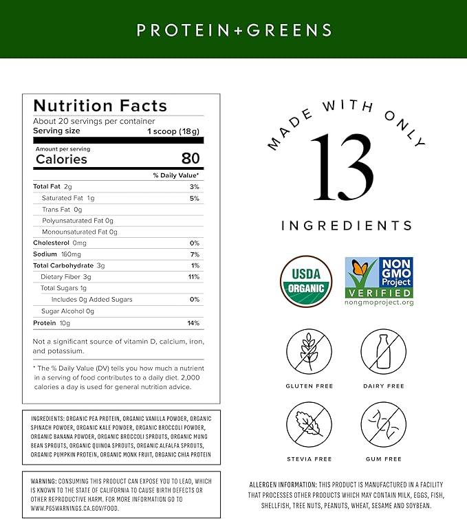 Truvani Protein + Greens Supplement | Spinach, Kale & Broccoli | 10g Organic Plant Based Protein | 20 Servings | USDA Organic | Gluten & Dairy Free | Vegan | No Added Sugar