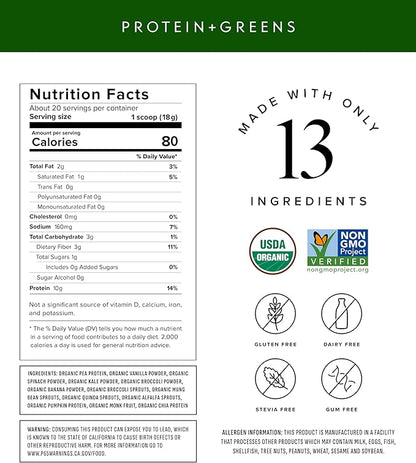 Truvani Protein + Greens Supplement | Spinach, Kale & Broccoli | 10g Organic Plant Based Protein | 20 Servings | USDA Organic | Gluten & Dairy Free | Vegan | No Added Sugar