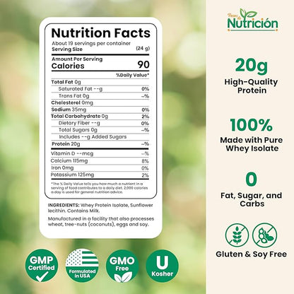Whey Protein Isolate Powder, Unflavored, 1 lb – 0g Sugar, Low Carb, Keto-Friendly – Lactose-Free, Gluten-Free, High Protein Supplement for Shakes, and Smoothies
