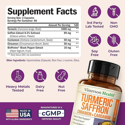 Saffron Supplements – 89mg Saffron Extract, 1000mg Turmeric Curcumin, Ceylon Cinnamon & Cardamom – Daily Mood, Joint & Metabolic Support – Joint Supplements for Women & Men – 180 Capsules