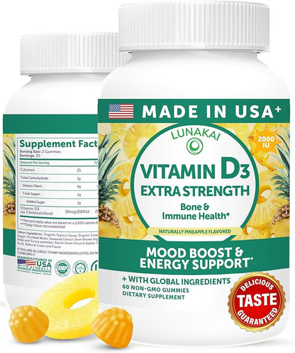 Lunakai USA Made Vitamin D3 Gummies 2000 IU - Non-GMO, Gluten-Free Vitamin D Gummies for Women & Men - Bone, Immune & Energy Support, 60ct