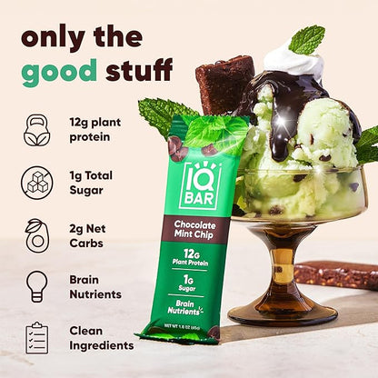 IQBAR Clean Plant Protein Bars - Chocolate Mint Chip - 12 Count - Keto, Vegan, High Fiber, Gluten and Dairy Free, Low Sugar Snack - Brain and Body Nutrients for Focus, Energy, Meal Replacement