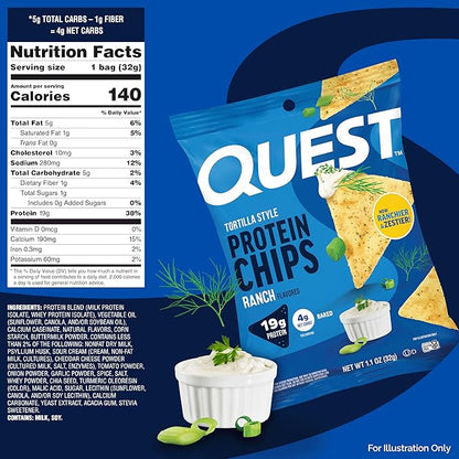 Quest Nutrition Ranch Tortilla Style Protein Chips, 19g Protein, 4g Net Carb, High Protein, Low Carb, Gluten Free, 1.1 Ounce (Pack of 12)