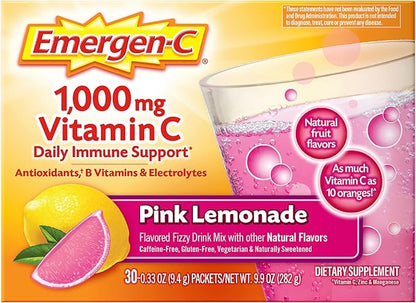 Emergen-C 1000mg Vitamin C Immune Support Powder Pink Lemonade 30CT includes Zinc, Manganese, 7 B Vitamins and Electrolytes for Back to School Essentials