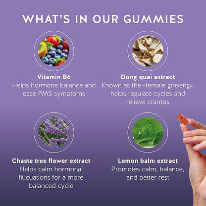 PMS Support Supplement for Women. Menstrual Relief Gummies to Target Hormonal Breakouts, Bloating, Period Cramps, & Mood Swings. Vegan, with Vitamin B6 & Lemon Balm, 90 Gummies