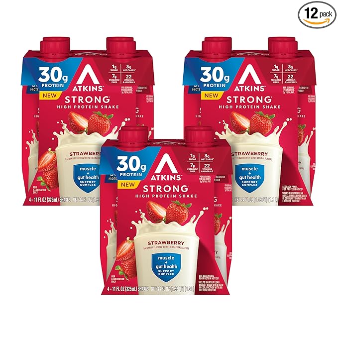 Atkins Strong High Protein Shake, Strawberry Flavored, 30g Protein, 7g Prebiotic Fiber, 1g Sugar Muscle and Gut Health Support, GLP-1 Support, Low Carb and Low Protein Shake, Gluten Free, 12 Count