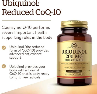Solgar Ubiquinol 200 mg (Reduced CoQ-10), 30 Softgels - Promotes Heart & Brain Function - Supports Healthy Aging - Coenzyme Q10 - Ubiquinone Supplement - Gluten Free, Dairy Free - 30 Servings