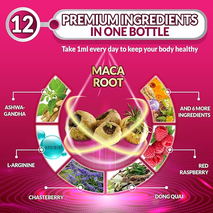 12in1 Maca Root Liquid Drops with Ashwagandha, L-Arginine, Chasteberry, Dong Quai, Black Cohosh, Shatavari, Red Raspberry, Rhodiola Rosea, Calendula and More - 30ml 1 Fl Oz