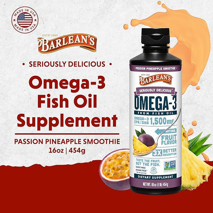 Barlean's Omega 3 Fish Oil Liquid Supplement for Men and Women, 1500mg of EPA and DHA Fatty Acid, Promotes Brain & Heart Health - Non-GMO, Passion Pineapple Smoothie, 16 oz
