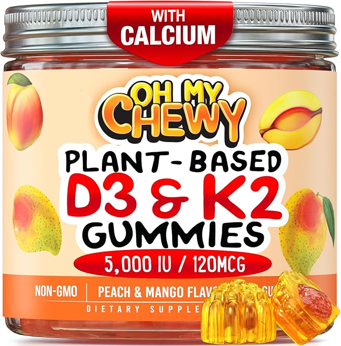 OH MY CHEWY Center-Filled Vitamin D3 K2 & Calcium Gummies - Supplement for Healthy Teeth, Bone & Energy - 5000 IU D3, 120 mcg K2(MK-7), 120 mg CA - Vegan & Non-GMO - 60 Count