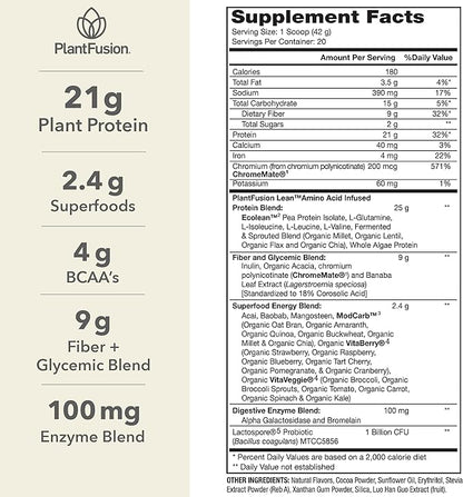 PlantFusion Complete Lean Plant Based Protein Powder - Prebiotic Fiber, Superfoods & Digestive Enzymes - Vegan, Gluten Free, Soy Free, Non-GMO - Chocolate Brownie 1.85 lb