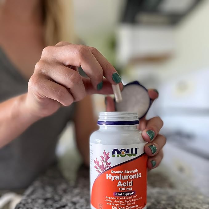 NOW Foods Supplements, Hyaluronic Acid 100 mg, Double Strength with L-Proline, Alpha Lipoic Acid and Grape Seed Extract, 120 Veg Capsules, (Pack of 2)