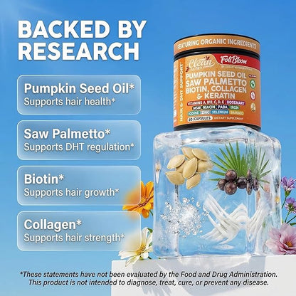 Clean Nutra Pumpkin Seed Oil Capsules + Saw Palmetto Biotin Collagen Keratin MSM Folate Hyaluronic Acid Supplements B12 Zinc Hair Supplement for Women Men Iodine 5-MTHF B-12 Vitamin B9-60 Pills