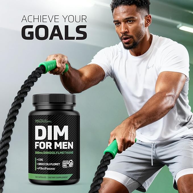DIM Supplement for Men 300mg | Estrogen Blocker & Aromatase Inhibitor | Extra Strength Men’s Hormone Balance & Fitness Booster with Diindolylmethane Plus CDG & Broccoli Floret | Gluten-Free | 120 Ct