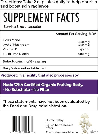 Skin Rejuvenation Supplement - Inner Skin Glow & Cellular Repair Formula – Lion’s Mane, Oyster, Vitamin E, Niacin + Beta-Glucans – Antioxidant + Beauty Blend - 120 Vegan Capsules