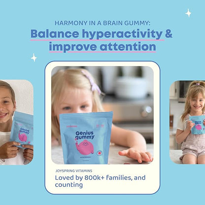 JoySpring Genius Kids Focus Gummies – Natural Herbal Brain Supplement for Kids | Vegan, Gluten-Free, Sugar-Free with Bacopa, Gotu Kola, Rhodiola – 60 Count