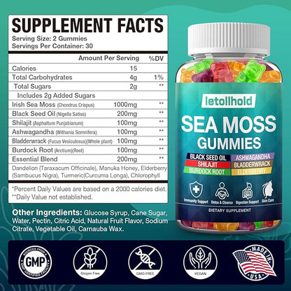 Sea Moss Gummies - Irish Sea Moss Gummies Advanced for Adults with Ashwagandha Bladderwrack & Burdock Root for Supports Immune，Energy - 60 Vegan Gummy,2PCS