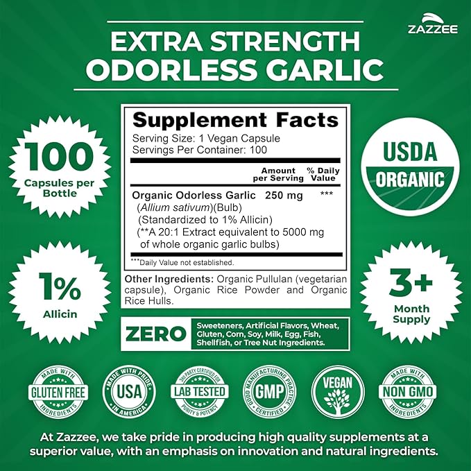 Zazzee USDA Organic Odorless Garlic 20:1 Extract, 1% Allicin, 100 Vegan Capsules, 3+ Month Supply, Allium Sativum, Immune, Circulation & Heart Health Support, All-Natural, Non-GMO, Made in the USA
