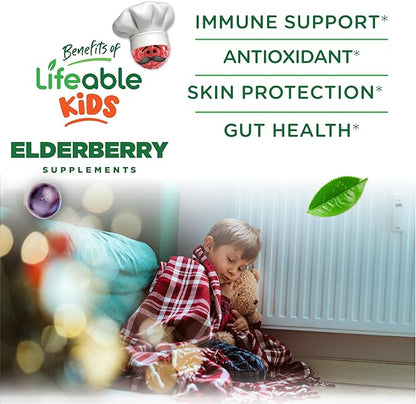 Lifeable Sugar Free Elderberry Gummies for Kids with Vitamin C and Zinc | Kids Immune Support Supplement | Great Tasting Elderberry Gummies | Vegan, Non GMO, Kosher Gluten Free | 60 Gummies